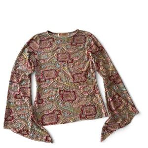 Y2K Fairycore Boho Paisley Whimsy Festival Bell Sleeve Top Shirt Womens Sz Small
